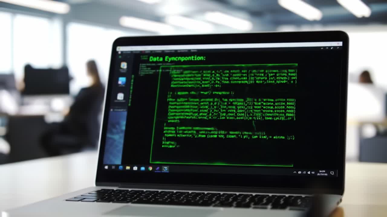 Examining Complex Data Synchronization Code on a Laptop Displayed in a Bright Office Environment, Showcasing a Programmer's Work in Progress