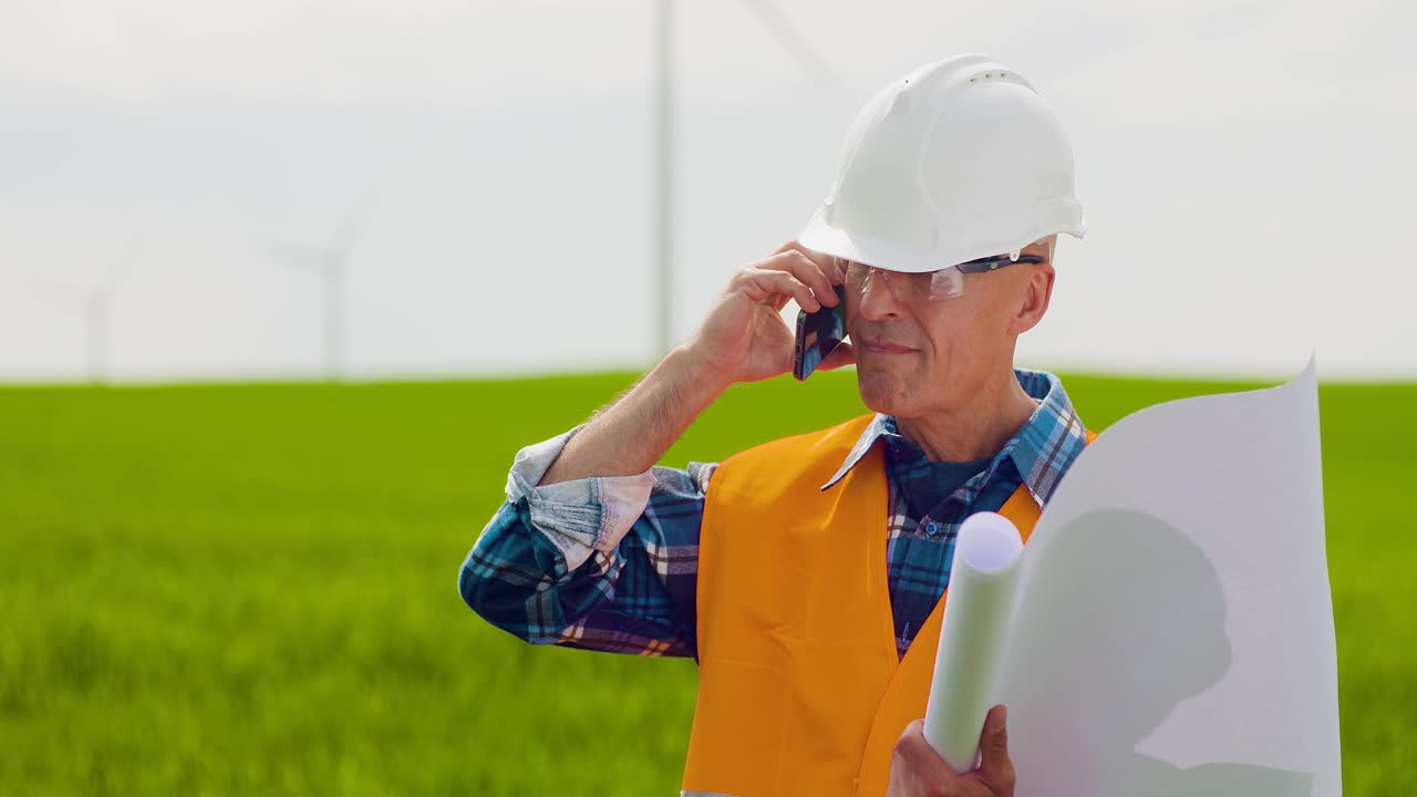 Vred ingeniør taler i mobiltelefon ved en vindmøllepark