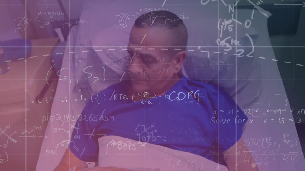 Animation of digital screen over caucasian male patient in hospital bed