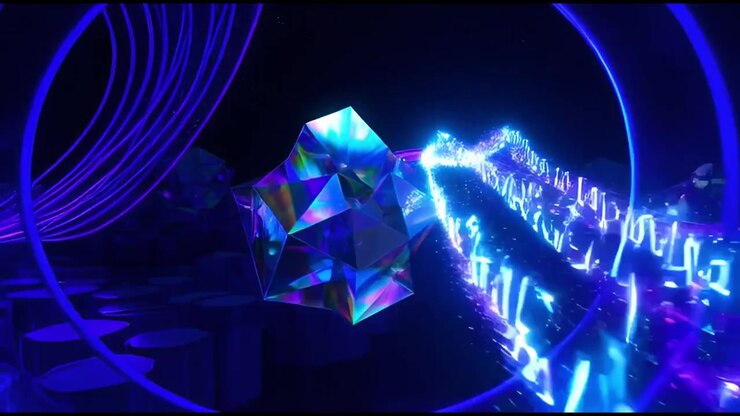 Flusso dinamico di luce al neon con strutture cristalline geometriche astratte.