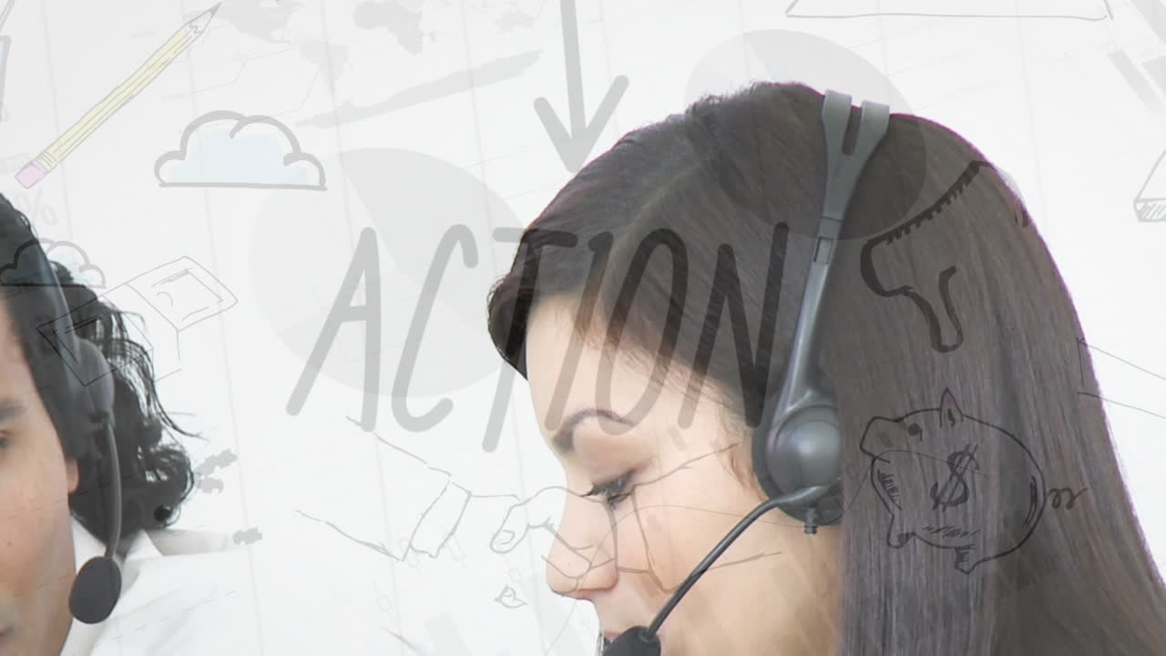 전화 헤드 ⁇ 을 사용하는 다양한 비즈니스 사람들에 대한 금융 데이터 처리 및 아이콘의 애니메이션