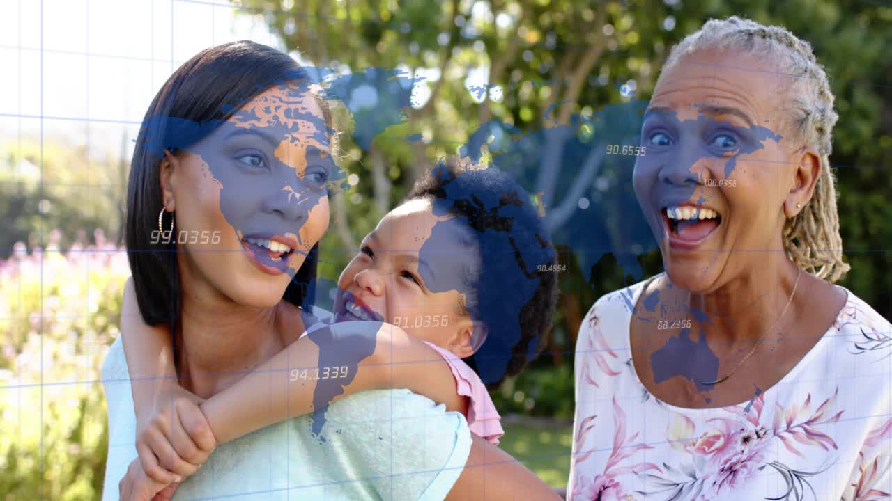 Mid-adult woman carrying child on back and softly speaking, trio bonding, map overlaying faces tech