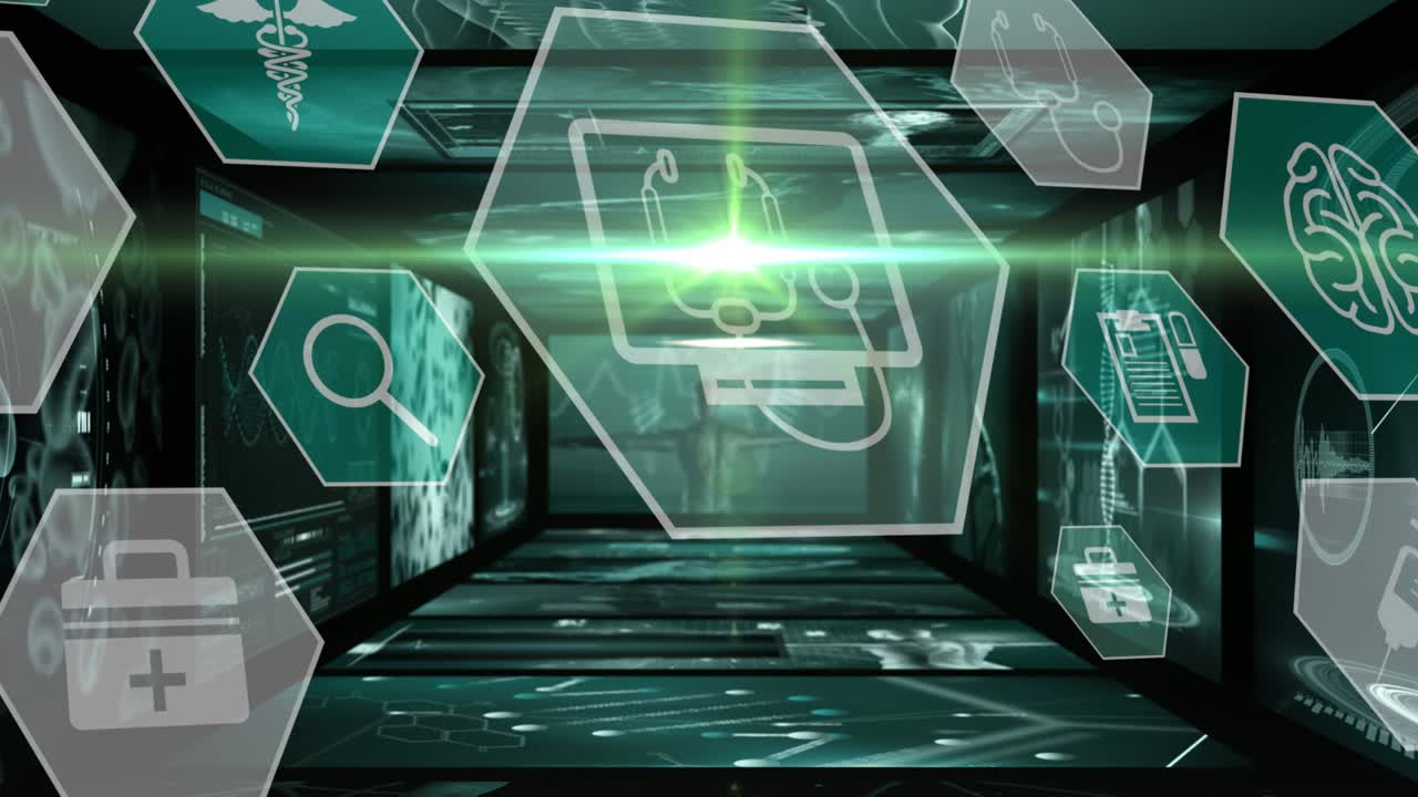 검은색 바탕에 데이터 처리 및 의료 아이콘을 가진 디지털 인터페이스의 애니메이션