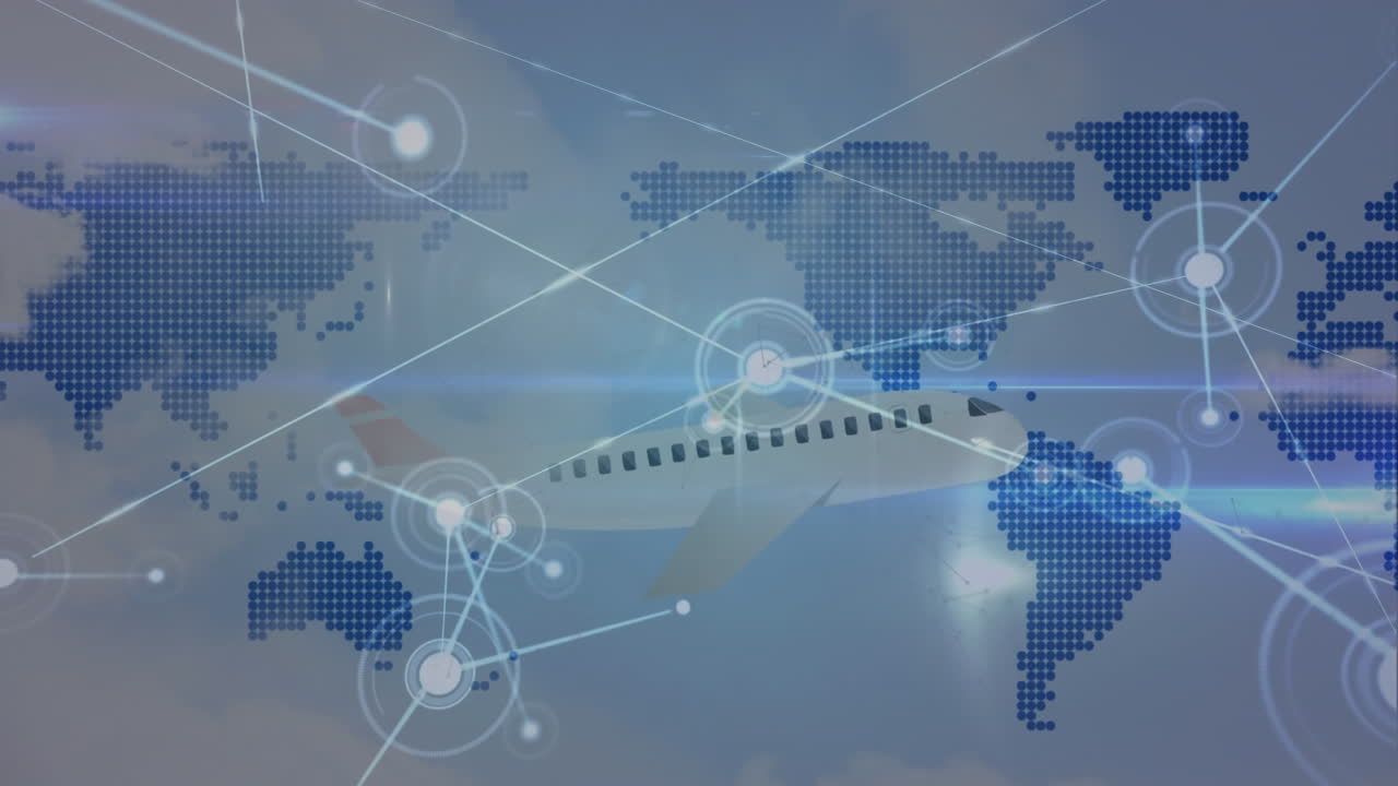 animation of network of connections over plane icon flying against ...