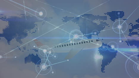 animación de la red de conexiones sobre el icono del avión volando contra el mapa del mundo
