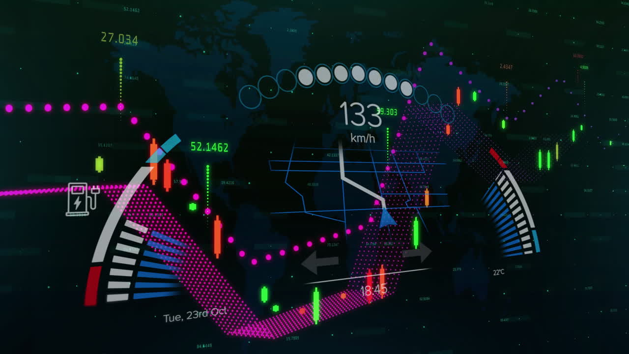 Digital dashboard showing speed, fuel gauge, date with animation over world map