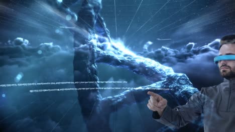 animación de la hebra de adn girando, hombre con auriculares vr contra el cielo con nubes