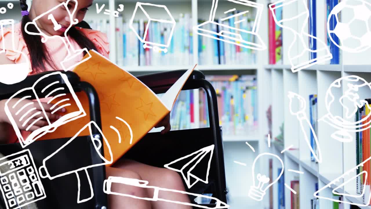 Pige rækker ud efter orange bog, åbner den på biblioteket, mens ikoner overlejrer en kørestol, der symboliserer læsning.