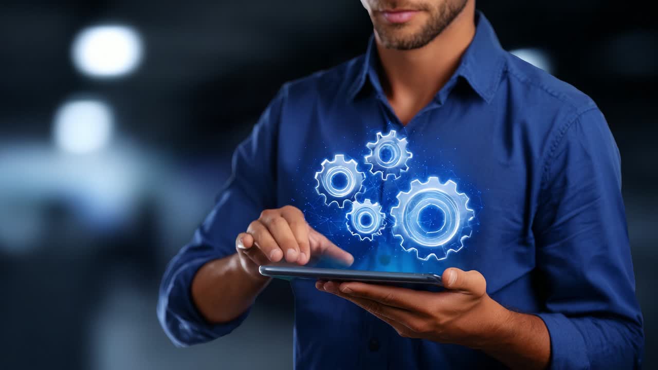 A man interacts with a digital interface displaying rotating gears while holding a tablet, symbolizing innovation, technology, and the future of digital interactions in a modern workspace