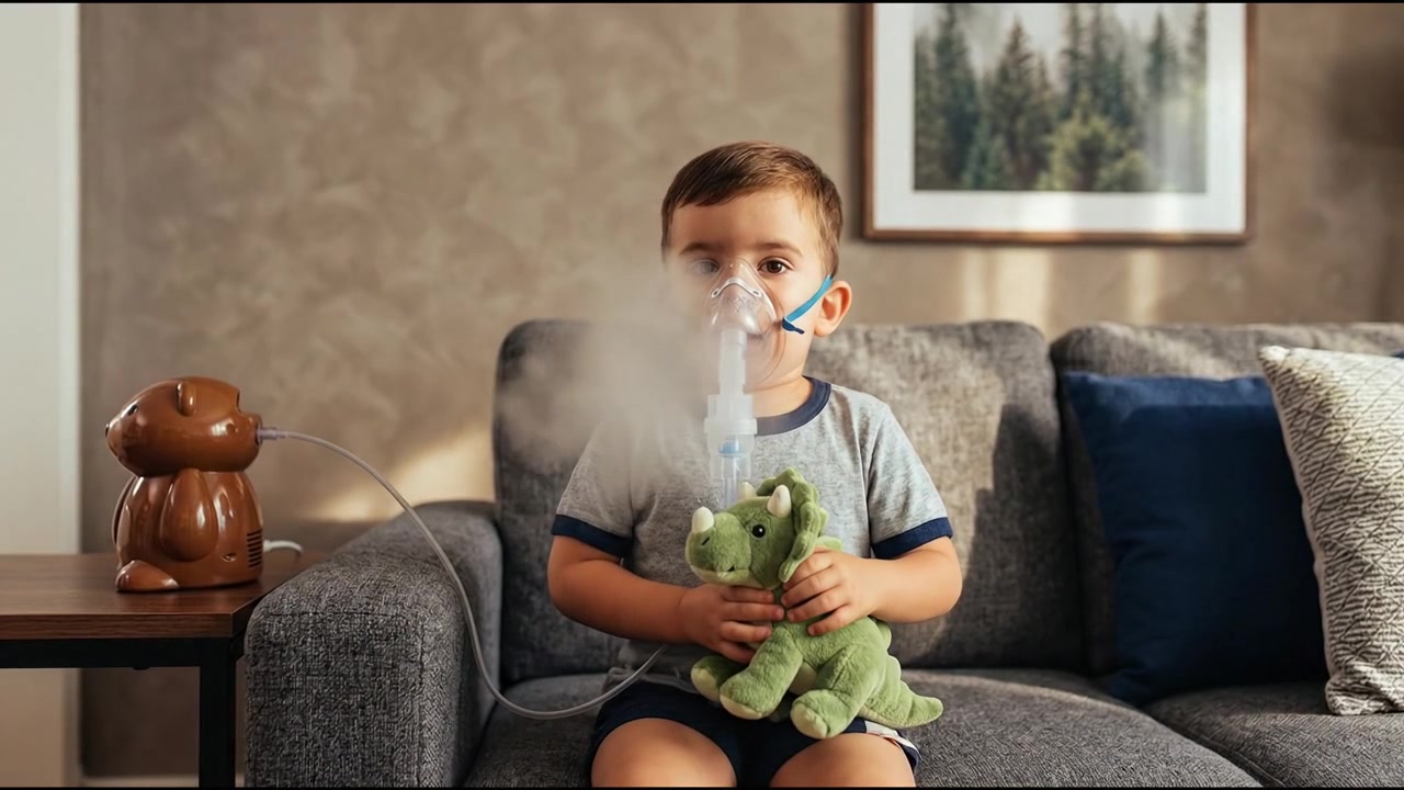 Bambino che usa una maschera nebulizzatrice medica per un trattamento respiratorio a casa