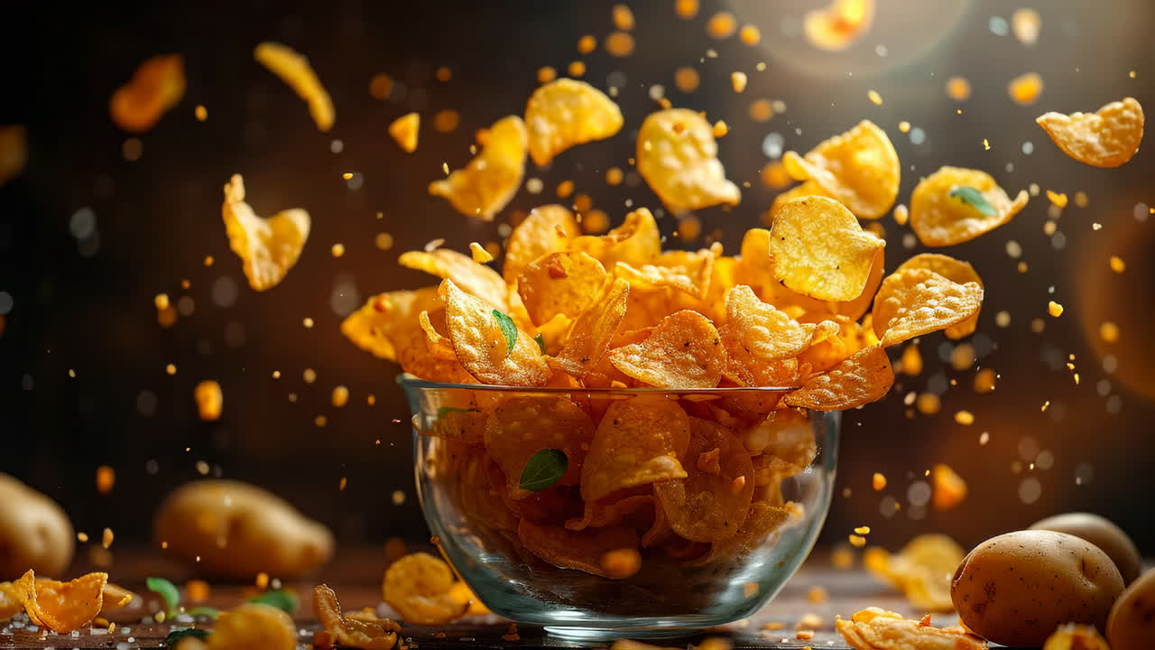Crispy golden chips flying in the air. Popcorn-like chips are airborne around a clear bowl, showcasing a playful snack moment filled with flavor and fun
