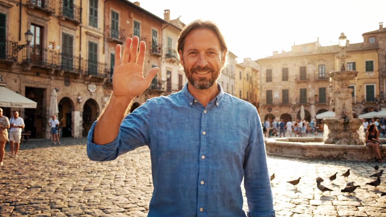 Una calda serata in una piazza storica con un uomo sorridente, circondato da persone e architettura affascinante sotto il bagliore di un tramonto dorato