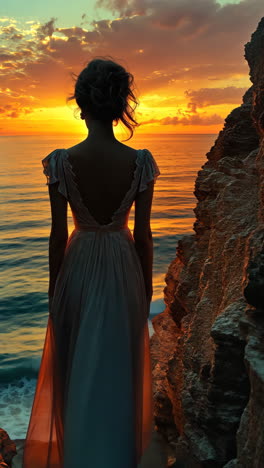 woman in flowing dress silhouetted against a vibrant sunset at the beach