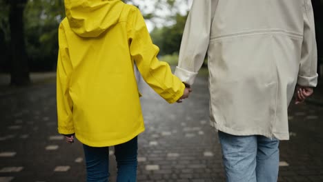 Rückansicht-Eines-Jungen-Mädchens-In-Einer-Gelben-Jacke,-Das-Nach-Dem-Regen-Hand-In-Hand-Mit-Ihrer-Mutter-Durch-Den-Park-Geht