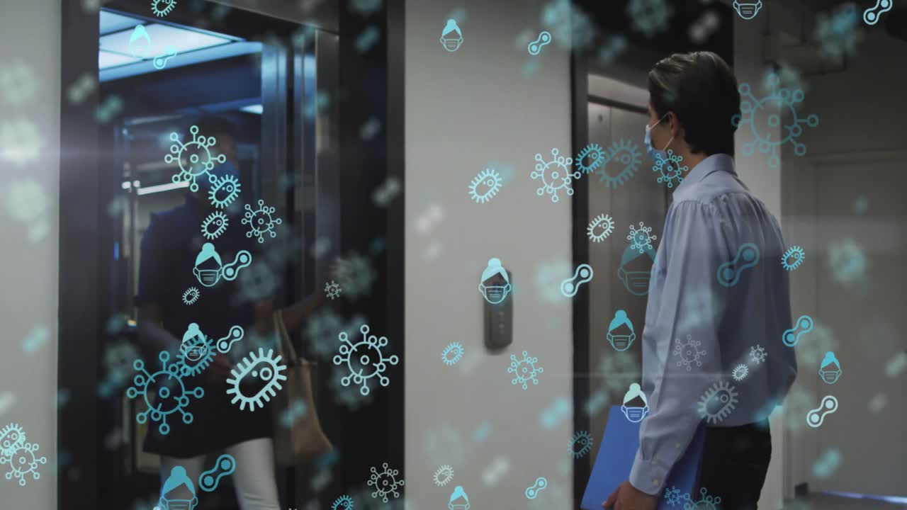 animación de iconos de concepto de covid sobre hombres y mujeres diversos saludándose unos a otros tocándose los codos.