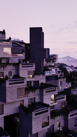 a concrete building with a view of a bridge