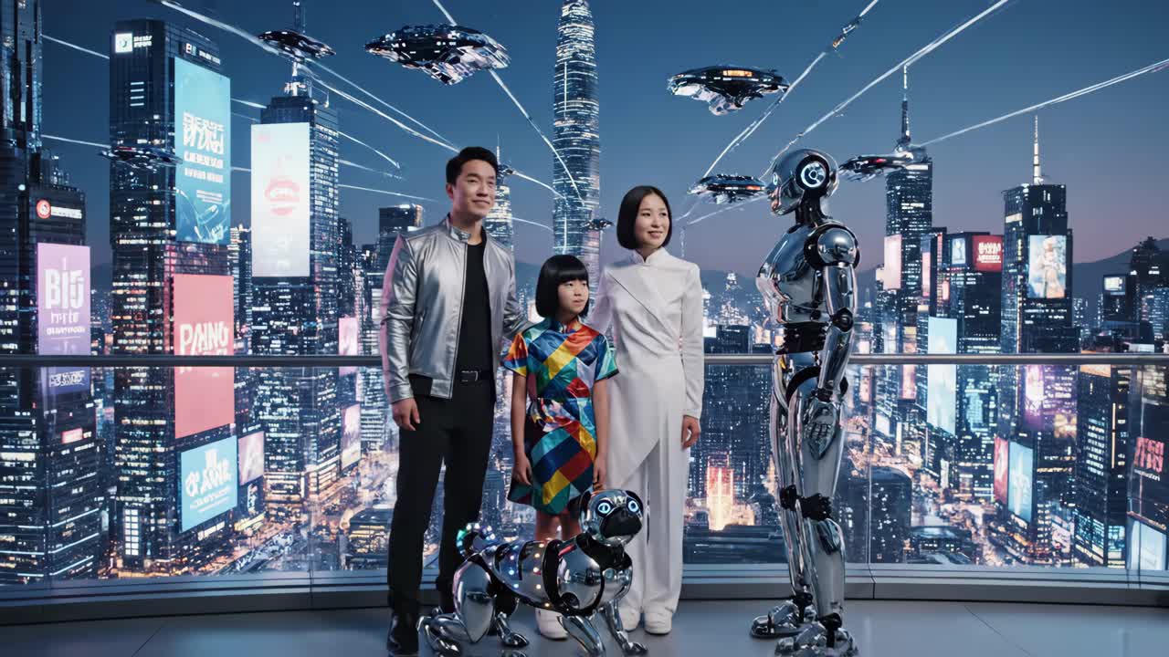 A Futuristic Family Scene with Robots and a Robot Dog in a Cyberpunk City