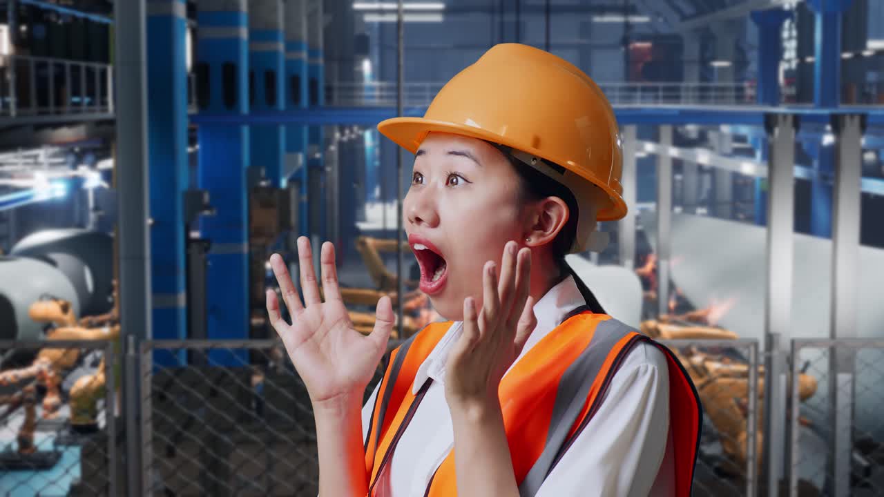 안전 헬을 입은 아시아 여성 엔지니어가 풍력 터빈 제조 공장에서 서서 로 팔이 작동하는 동안 와우라고 말합니다.