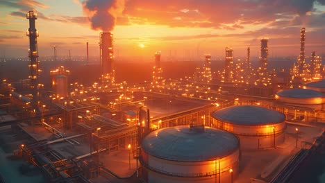 industrial complex at sunset with glowing lights and smoke