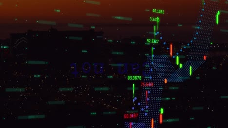 Animation-Von-Grafiken,-Zahlen-Und-Text-über-Luftaufnahme-Der-Beleuchteten-Stadtlandschaft-Bei-Nacht