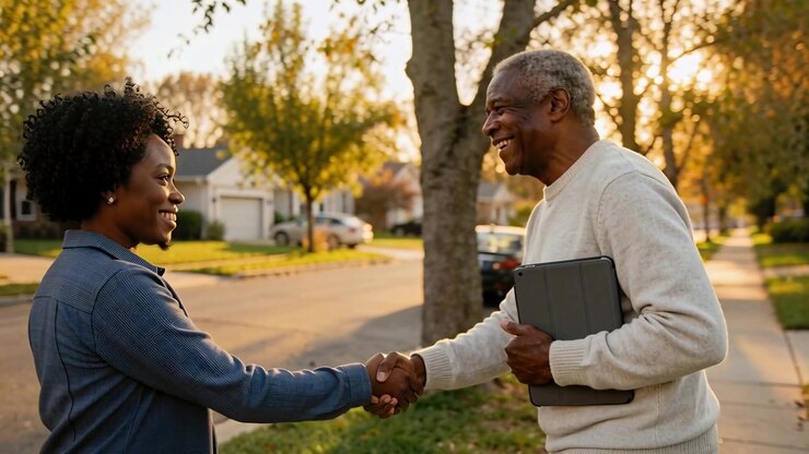 Greeting on sidewalk man offering hand, shaking hands with woman in blue jacket