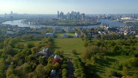 London-Greenwich---upward-drone-shot-overlooking-Isle-of-Dogs-skyscrapers