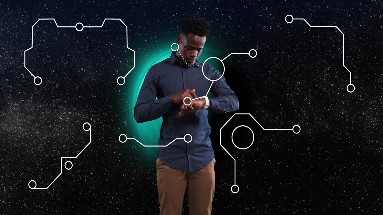Animation of shapes over african american man using smartwatch
