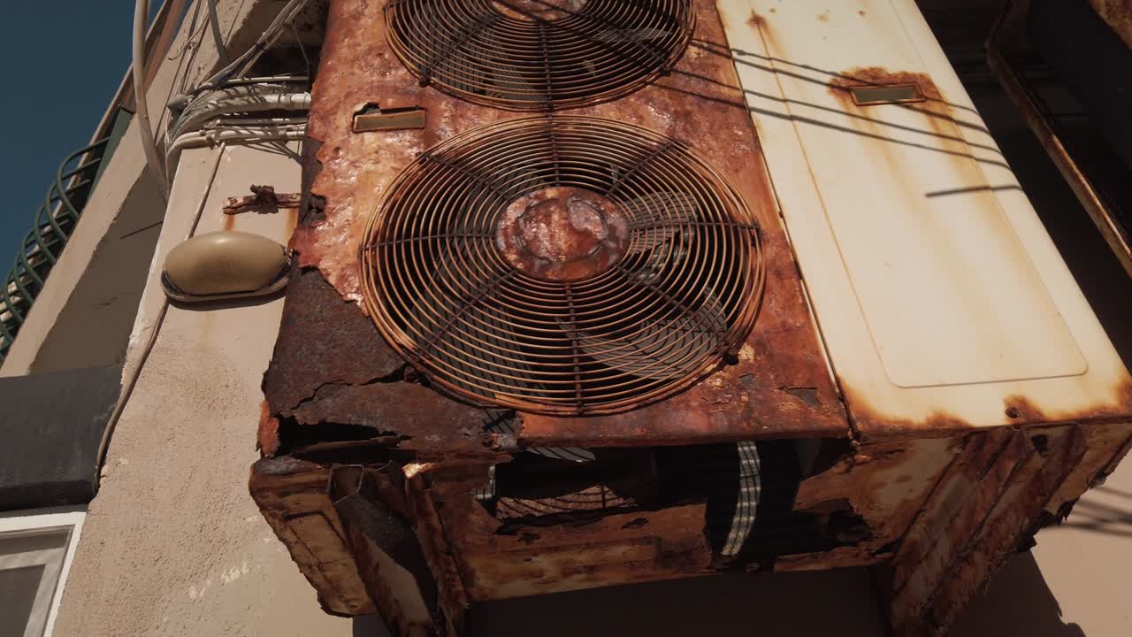 Old rusty air conditioner outdoors unit spinning in slow motion. Close up
