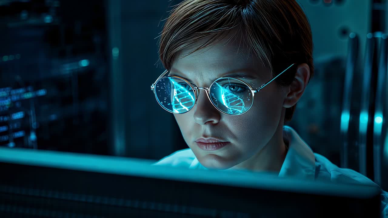 Camera zooming, woman scientist studying monitor in blue lab, white coat, glasses reflecting helix