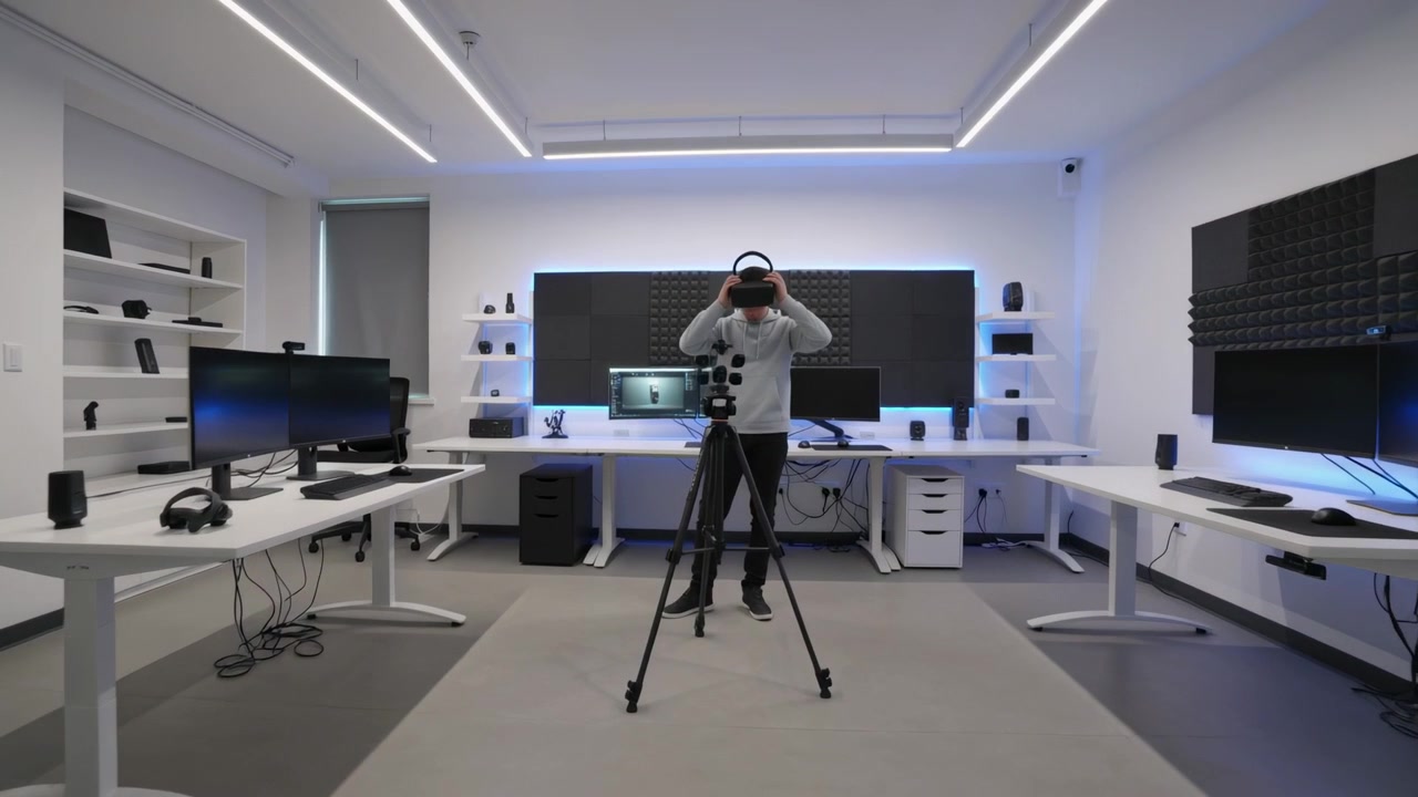 Preparing to record, hooded man adjusting tripod camera controls, then donning headset in studio
