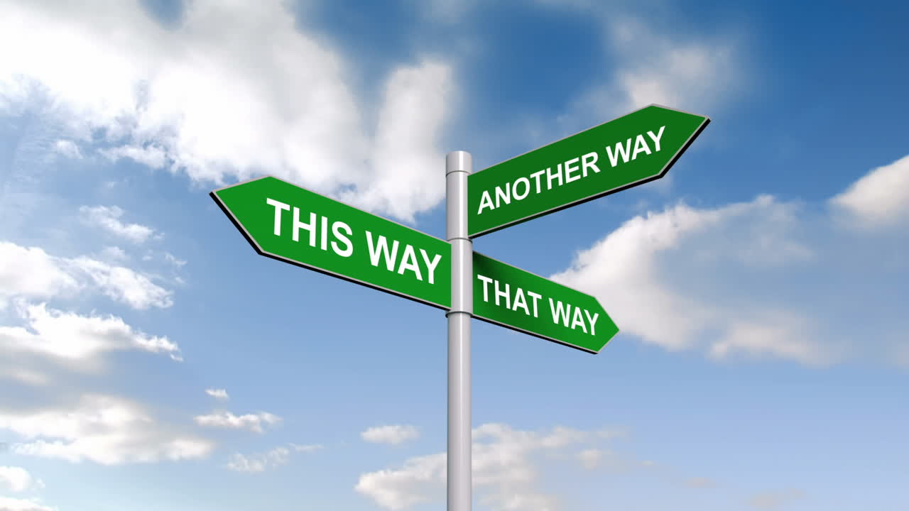 This and that way signpost against blue sky