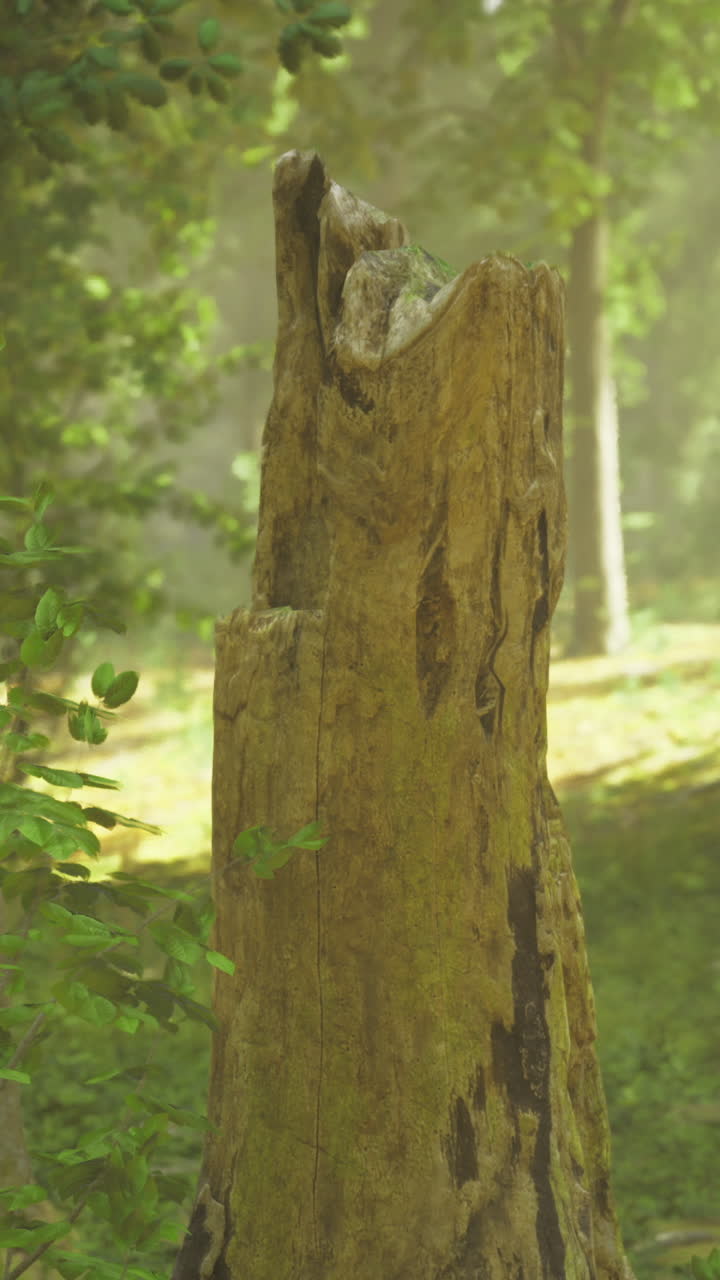 Sunlight filters through trees illuminating a weathered tree stump in a forest