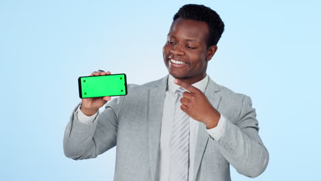 Green-screen,-phone-and-business-man-with-hand