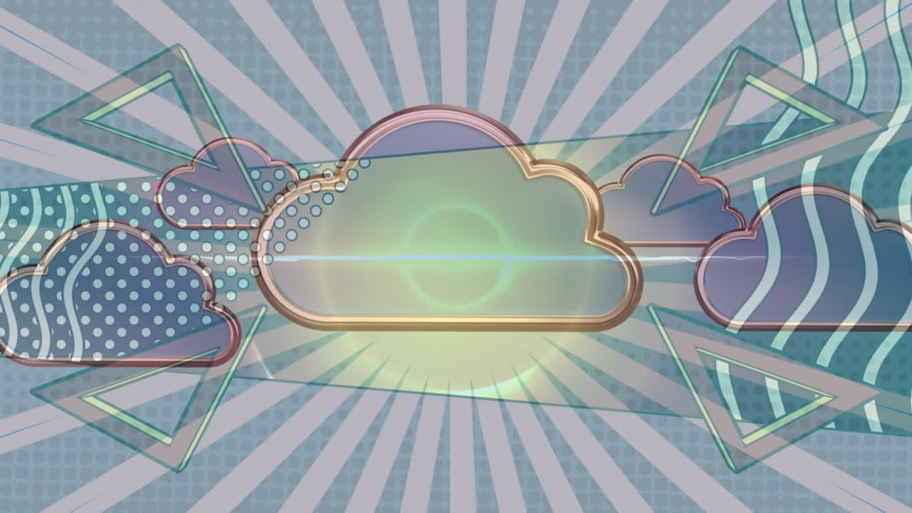 Digital animation of multiple cloud icons and abstract shapes against blue radial background