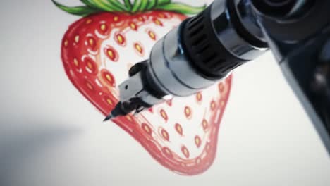 High-Tech Drawing: A Close-Up of a Robotic Arm Skillfully Illustrating a Juicy Strawberry with Precision and Artistic Detail on Paper