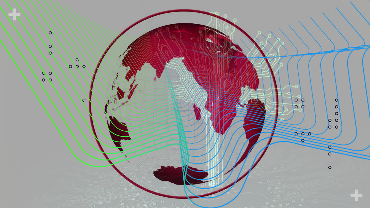 Animation of digital globe with colorful lines illustrating global connectivity