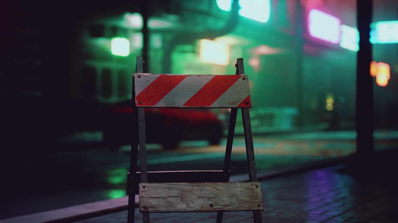Nighttime street scene with a red and white barrier