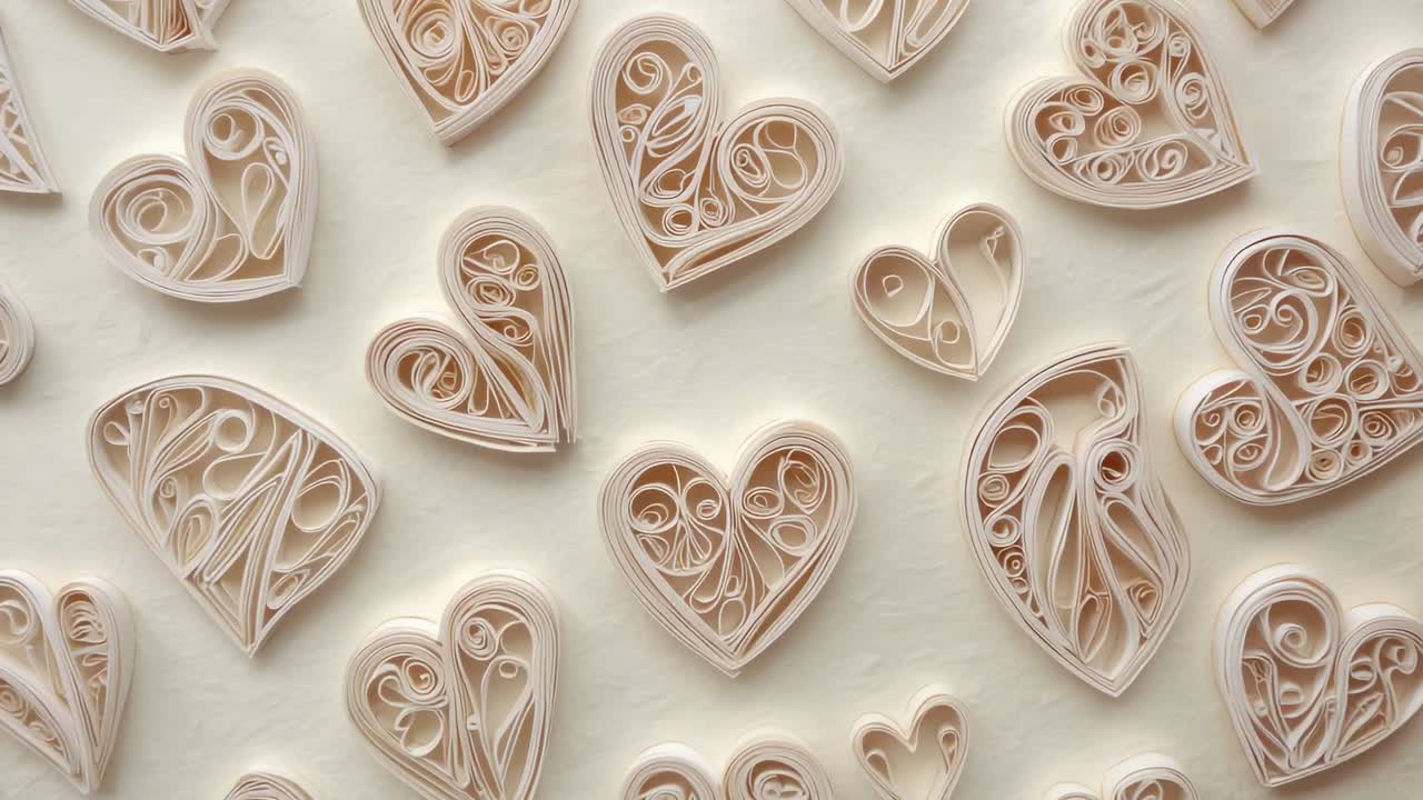 Ricomposizione dell'inquadratura della camera, cuori di carta beige chiaro su cartoncino color crema, che rivelano spirali di carta arricciata