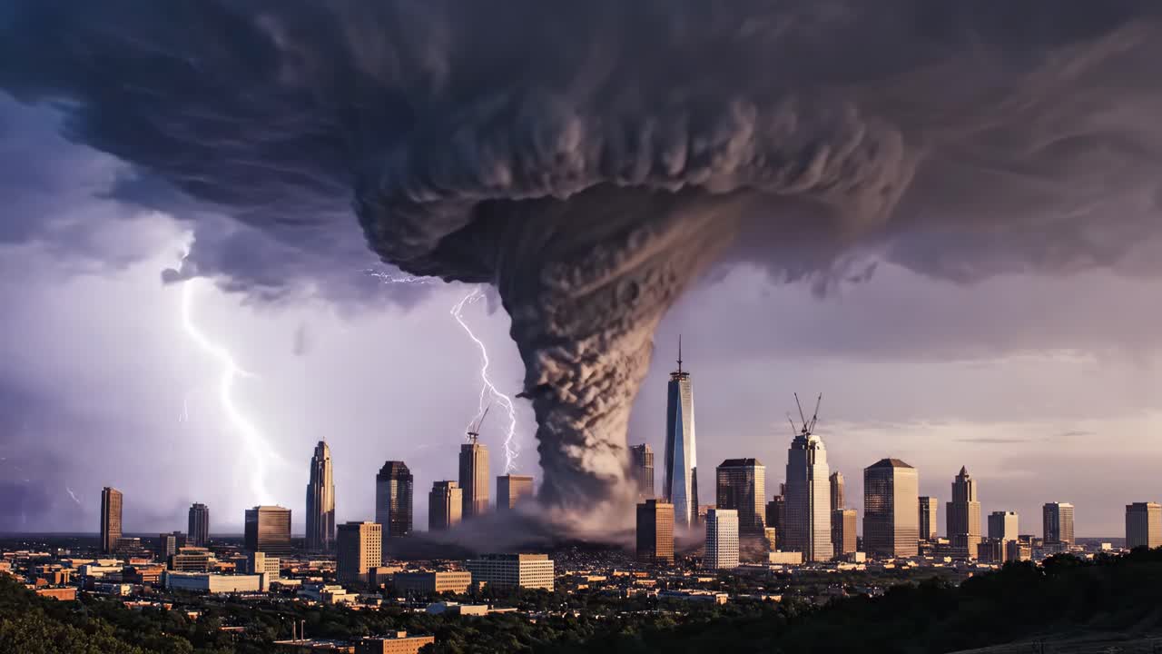 Tornado Over City with Lightning