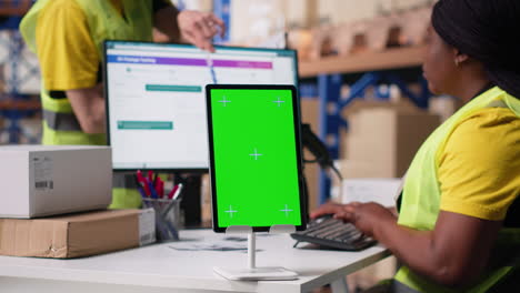 vertical video warehouse employee in a hi-vis vest uses copy space display with technology