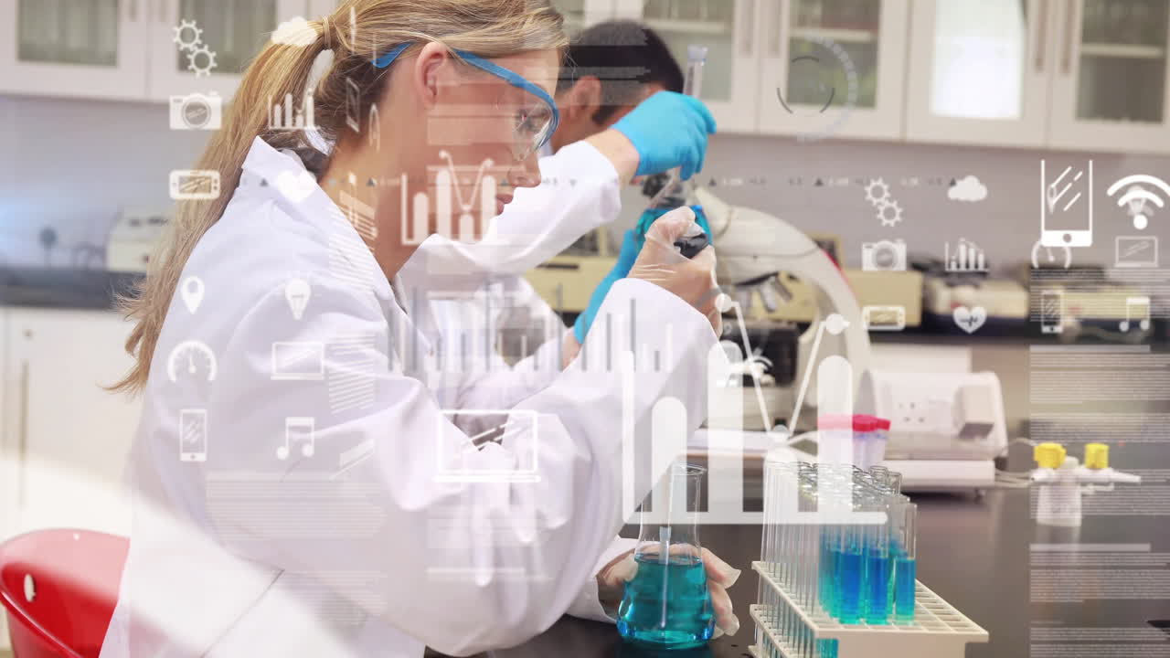 Female scientist pipetting blue liquid in tech lab, displaying digital charts and data overlays
