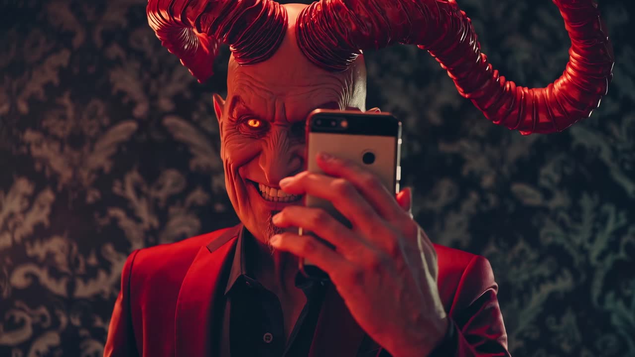 Red devil with horns smiling while taking a selfie with a smartphone, dressed in an elegant red suit, positioned in a vintage room adorned with intricate wallpaper