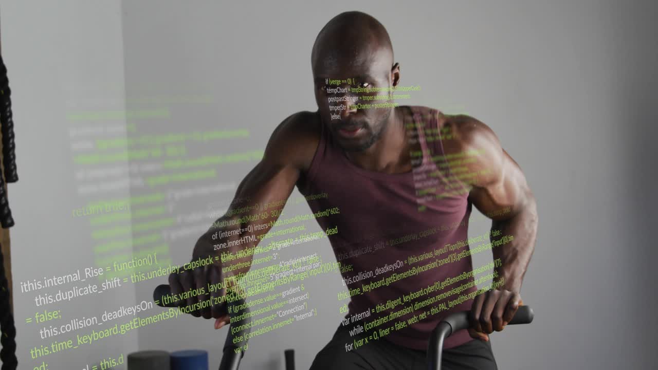 Man gripping bike handles starting hard pedaling during workout, green code overlay covering torso