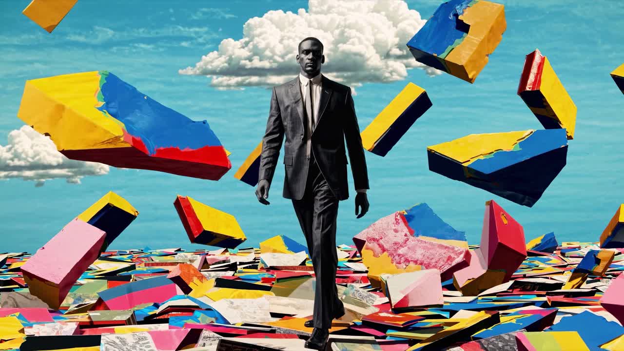 Surreal video concept with a man in a suit walking through floating colorful blocks