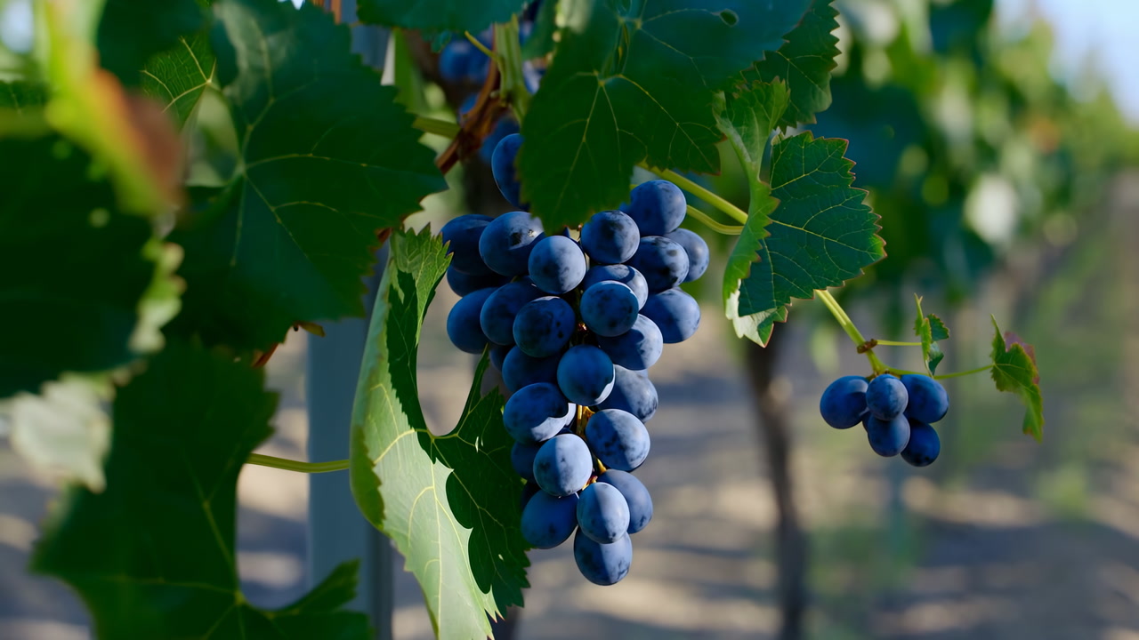 Ripe Blue Grapes On Vine, Sunlit Vineyard Closeup Showing Dewy Skin, Lush Green Leaves, Trellis Rows Blurred