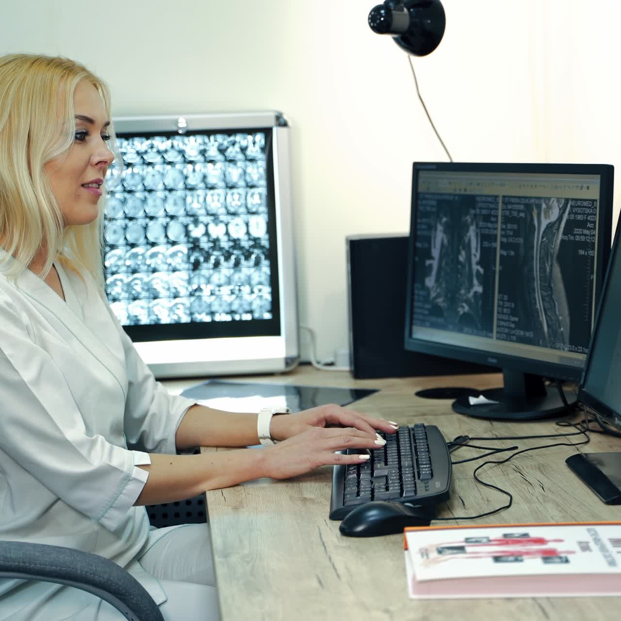 Positive blond female technician sitting in front of computer. Medic looks at the patient's scans and describing them and finding the diagnosis