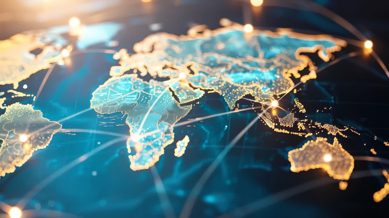 Aerial view of a digital world map with glowing connections, illustrating global networking
