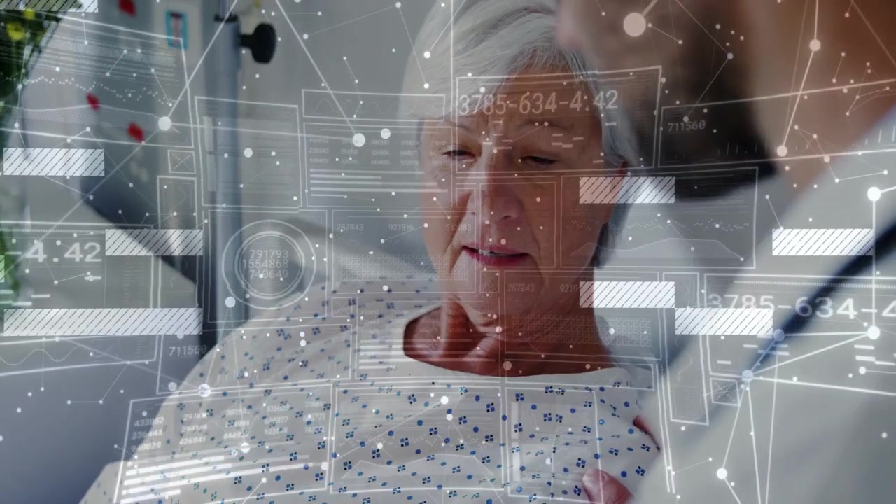 Medico che mostra un tablet con scansioni cerebrali per la diagnosi, mentre le sovrapposizioni HUD guidano l'attenzione del paziente.