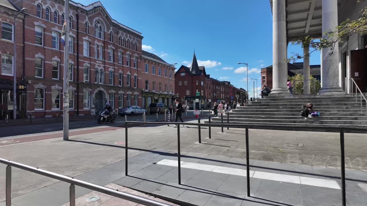 Sunny Day City Street Scene with People Walking
