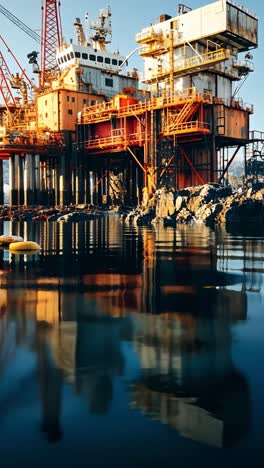 oil platform amidst snowy landscape reflecting in calm water at dawn